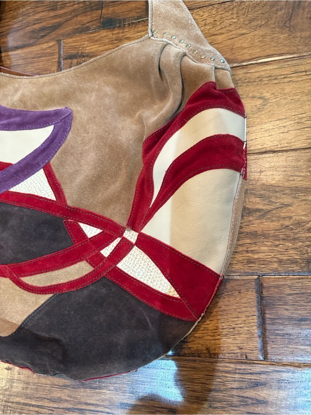Y2K Vintage Lucky Brand Suede Patchwork Hobo in Red, Purple, Tan, Cream, Brown